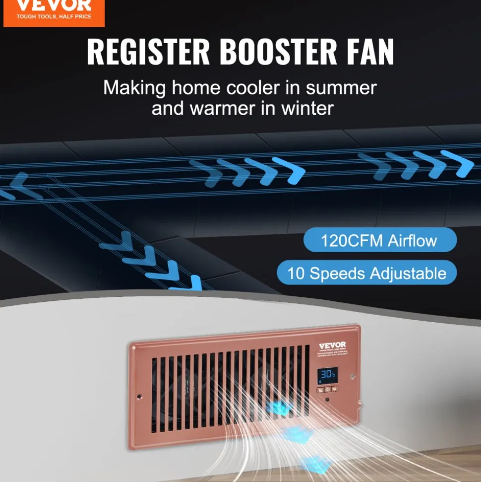 VEVOR Register Booster Fan, Quiet Vent Booster Fan Fits 4” x 10” Register Holes, with Remote Control and Thermostat Control, Adjustable Speed for Heating Cooling Smart Vent, Brown