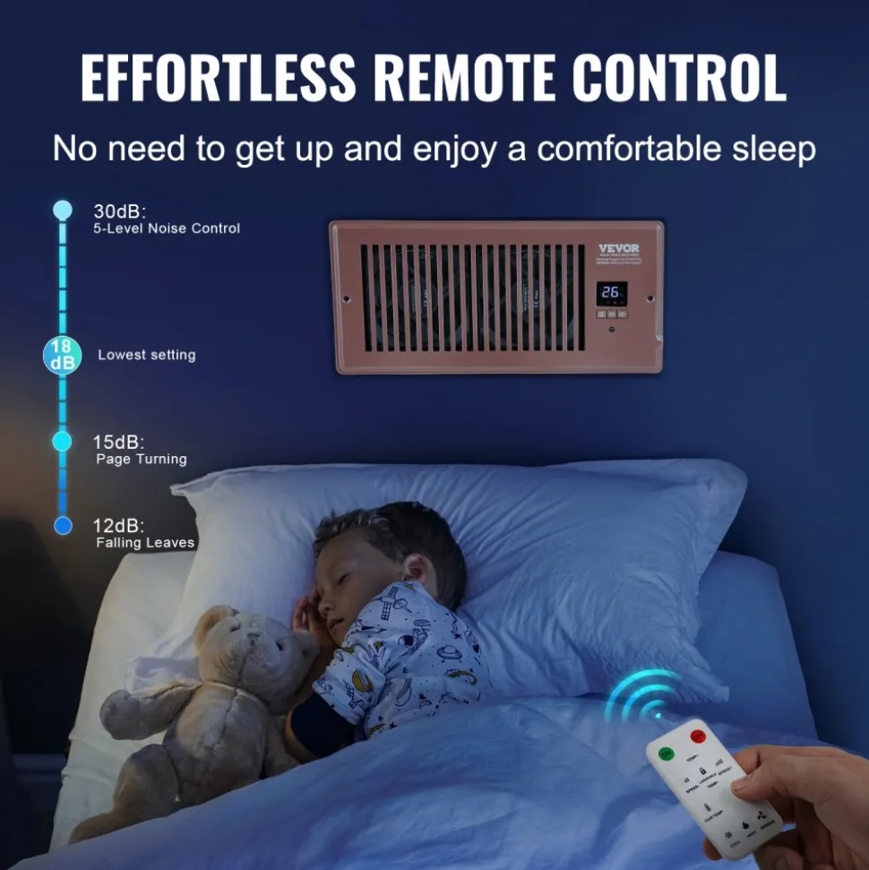 VEVOR Register Booster Fan, Quiet Vent Booster Fan Fits 4” x 10” Register Holes, with Remote Control and Thermostat Control, Adjustable Speed for Heating Cooling Smart Vent, Brown