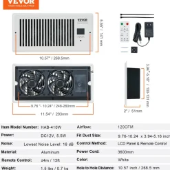 VEVOR Register Booster Fan, Quiet Vent Booster Fan Fits 4” x 10” Register Holes, with Remote Control and Thermostat Control, Adjustable Speed for Heating Cooling Smart Vent, White