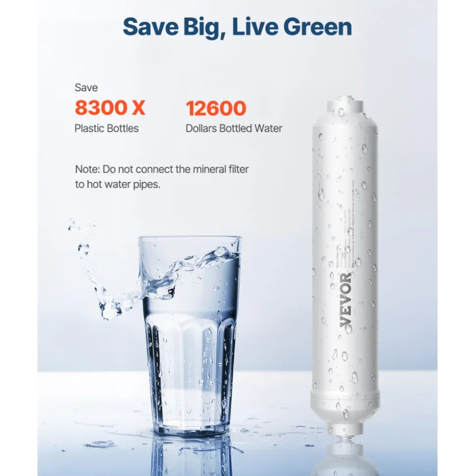 VEVOR Remineralization Filter, 1100 Gallons Remineralization Water Filter Replacement, 1/4" Quick Connect Mineral Filter, Restore Essential Minerals for Water Purifier, Under Sink Water Filter System