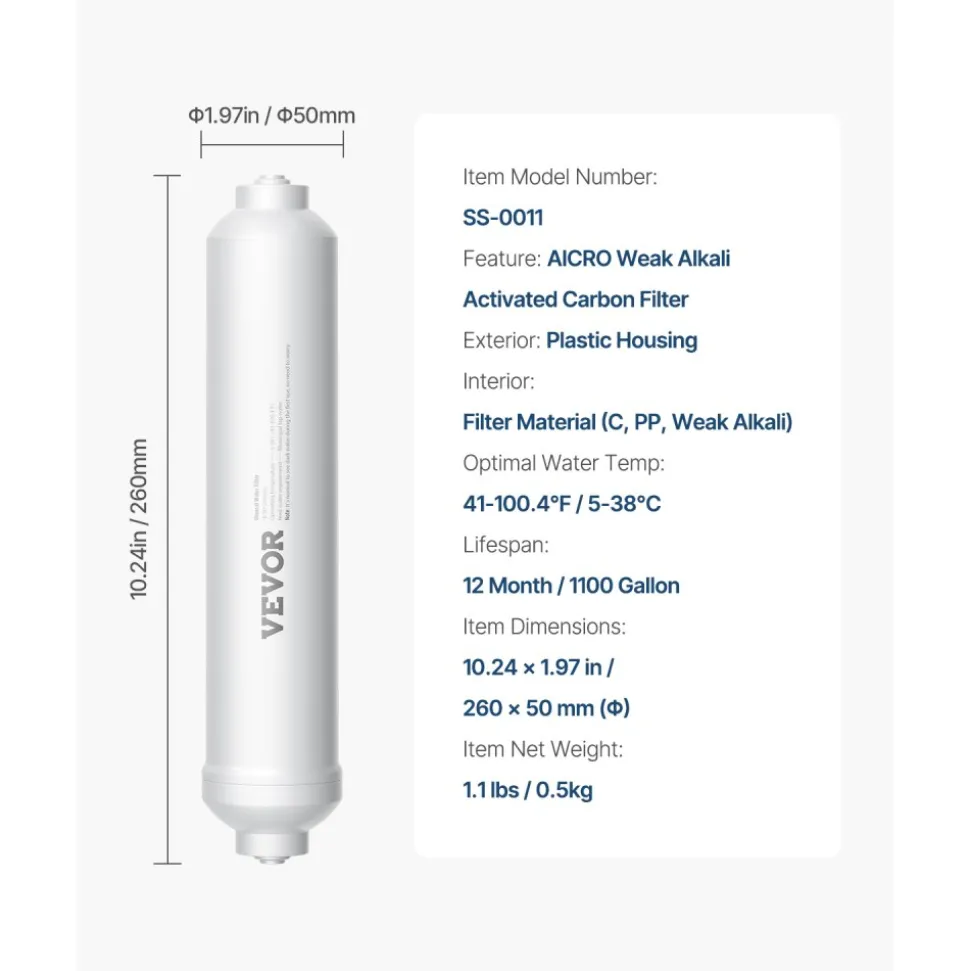 VEVOR Remineralization Filter, 1100 Gallons Remineralization Water Filter Replacement, 1/4" Quick Connect Mineral Filter, Restore Essential Minerals for Water Purifier, Under Sink Water Filter System