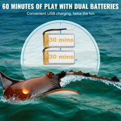 VEVOR Remote Control Manta Ray Toy, 2.4GHz High Simulation Robot Manta Ray with Light, 2 Rechargeable Batteries, for Pool, Bathtub or Lake, Swimming RC Boat Toy for 6+ Year Old Boys and Girls Gift