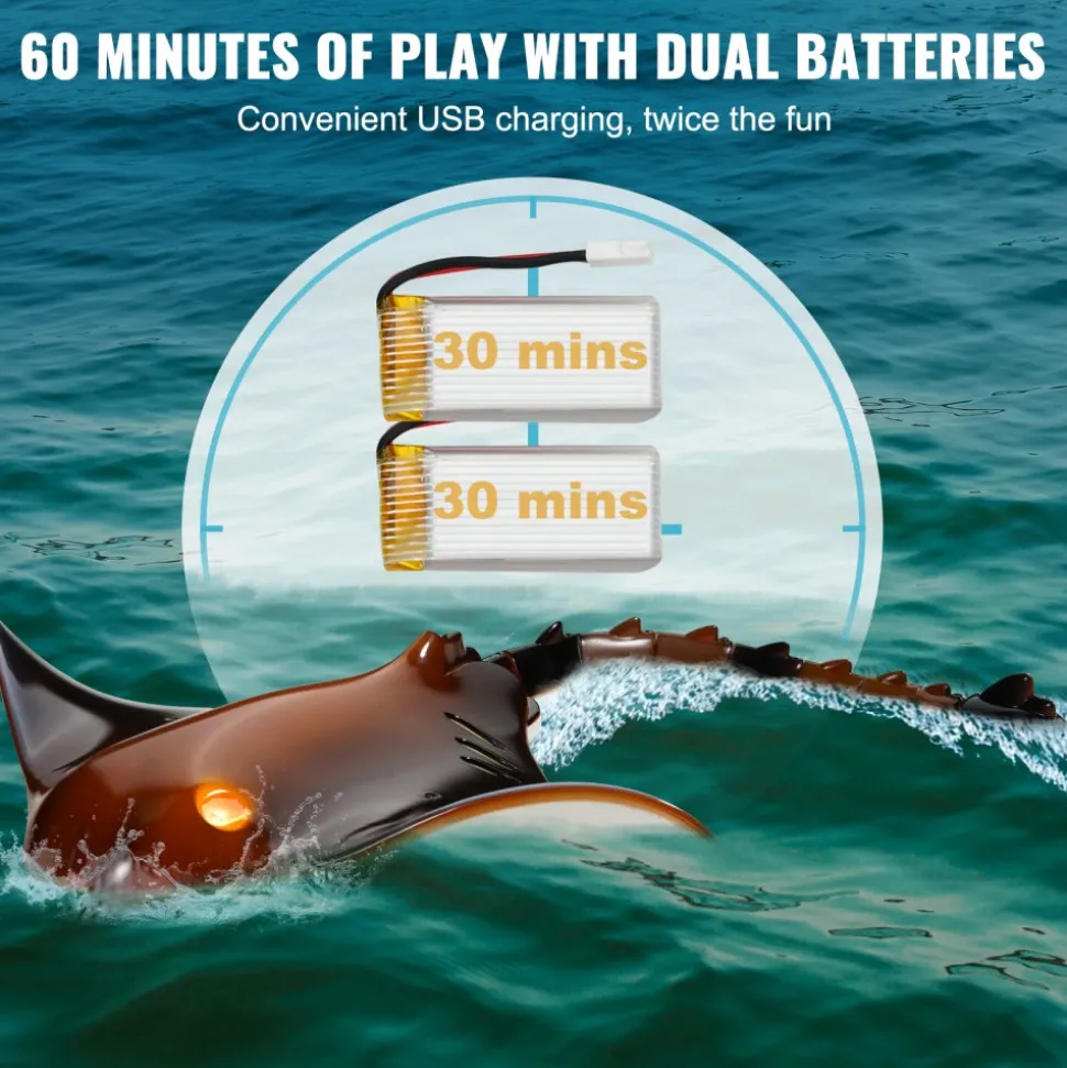 VEVOR Remote Control Manta Ray Toy, 2.4GHz High Simulation Robot Manta Ray with Light, 2 Rechargeable Batteries, for Pool, Bathtub or Lake, Swimming RC Boat Toy for 6+ Year Old Boys and Girls Gift