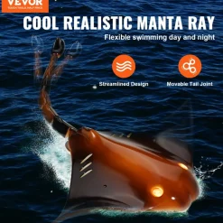 VEVOR Remote Control Manta Ray Toy, 2.4GHz High Simulation Robot Manta Ray with Light, 2 Rechargeable Batteries, for Pool, Bathtub or Lake, Swimming RC Boat Toy for 6+ Year Old Boys and Girls Gift