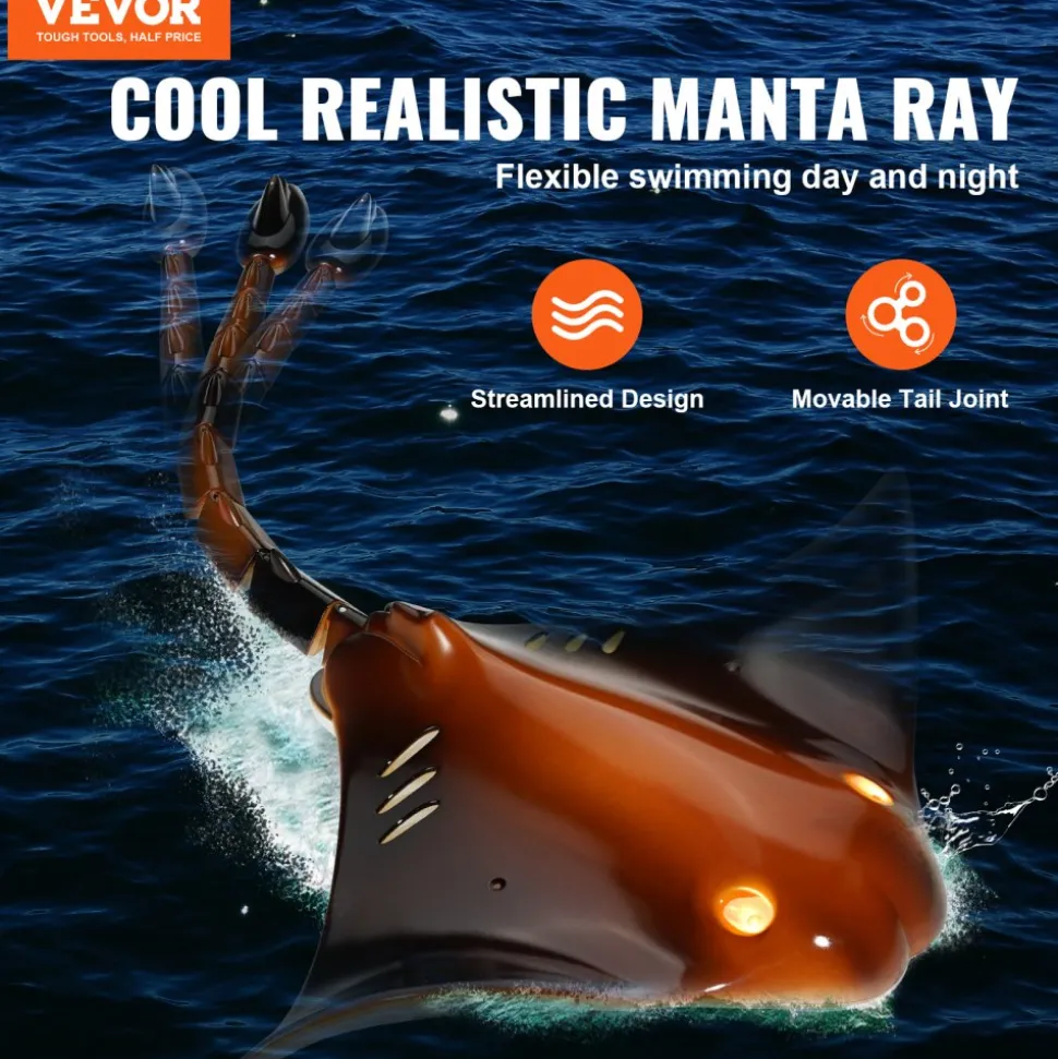 VEVOR Remote Control Manta Ray Toy, 2.4GHz High Simulation Robot Manta Ray with Light, 2 Rechargeable Batteries, for Pool, Bathtub or Lake, Swimming RC Boat Toy for 6+ Year Old Boys and Girls Gift
