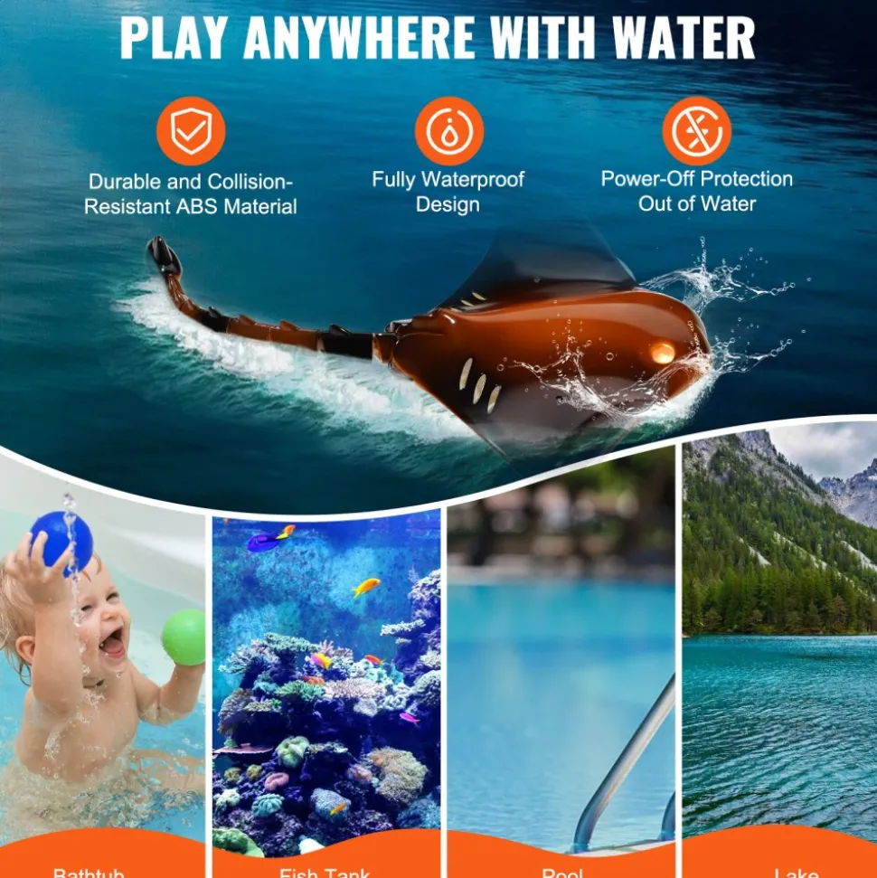 VEVOR Remote Control Manta Ray Toy, 2.4GHz High Simulation Robot Manta Ray with Light, 2 Rechargeable Batteries, for Pool, Bathtub or Lake, Swimming RC Boat Toy for 6+ Year Old Boys and Girls Gift