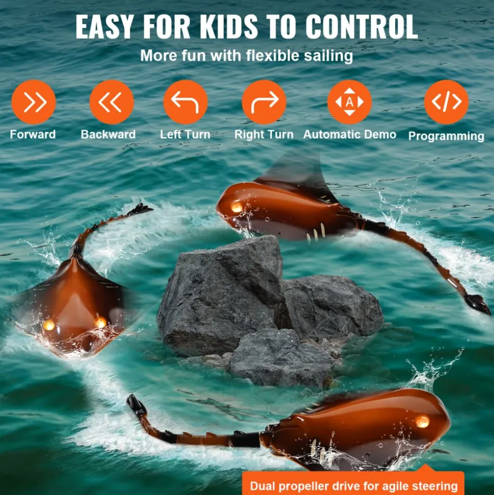 VEVOR Remote Control Manta Ray Toy, 2.4GHz High Simulation Robot Manta Ray with Light, 2 Rechargeable Batteries, for Pool, Bathtub or Lake, Swimming RC Boat Toy for 6+ Year Old Boys and Girls Gift