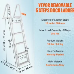 VEVOR Removable Dock Ladder 5 Steps, 350 lbs Load Capacity, Pontoon Boat Ladder with 4'' Wide Step & Nonslip Design for Ship/Lake/Pool/Marine Boarding