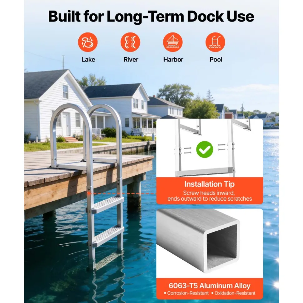VEVOR Removable Dock Ladder, 4 Steps, Aluminum Alloy Pontoon Boat Swim Ladder, with Non-Slip Wide PP Steps, 500 lbs Weight Capacity, Quick Release Design, for Lake Swimming, Pool, Marine Boarding