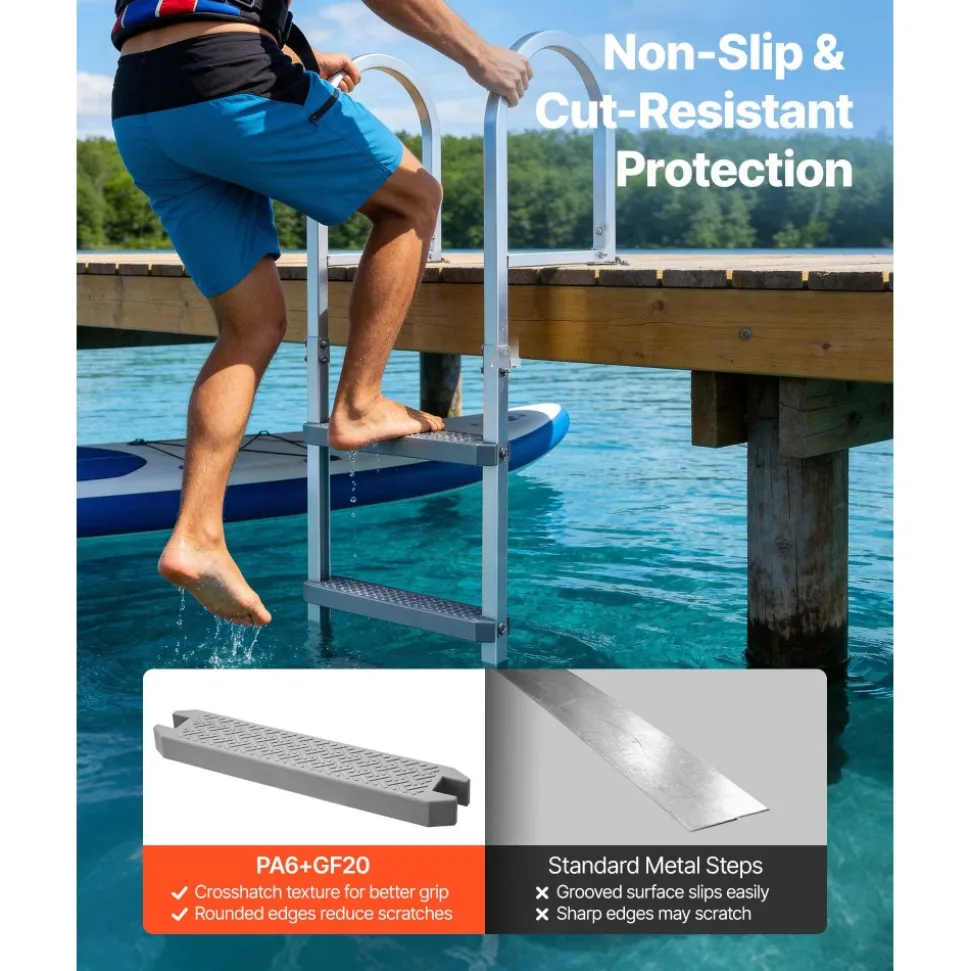 VEVOR Removable Dock Ladder, 4 Steps, Aluminum Alloy Pontoon Boat Swim Ladder, with Non-Slip Wide PP Steps, 500 lbs Weight Capacity, Quick Release Design, for Lake Swimming, Pool, Marine Boarding