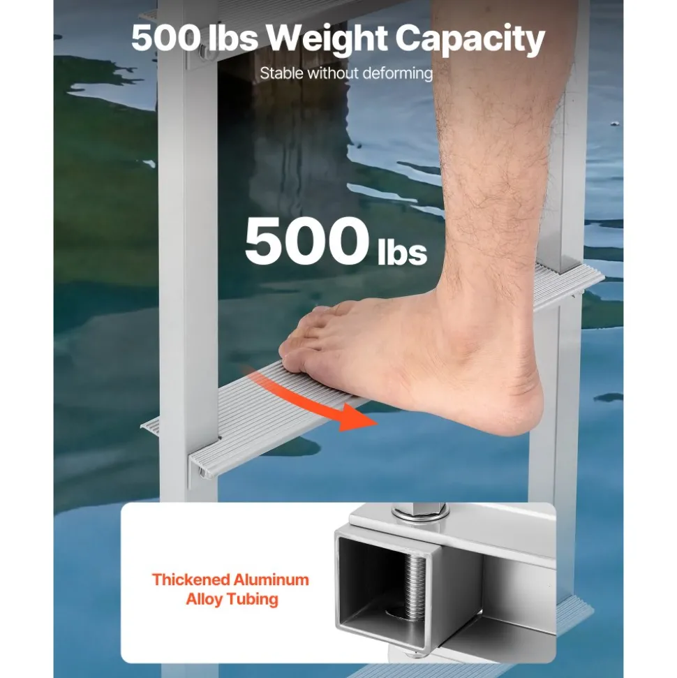 VEVOR Removable Dock Ladder, 4 Steps, Aluminum Alloy Pontoon Boat Swim Ladder, with Non-Slip Wide Steps, 500 lbs Weight Capacity, Quick Release Design, for Lake Swimming, Pool, Boat, Marine Boarding