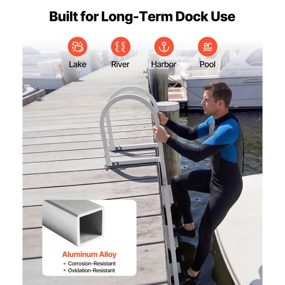VEVOR Removable Dock Ladder, 4 Steps, Aluminum Alloy Pontoon Boat Swim Ladder, with Non-Slip Wide Steps, 500 lbs Weight Capacity, Quick Release Design, for Lake Swimming, Pool, Boat, Marine Boarding