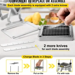 VEVOR Replacement Chopper Blade, 1/2 inch, 3 PCS French Fry Blade Assembly with 6 Extra Knives, Stainless Steel Dicer Parts and Push Block for Cutting Potatoes Carrots Onions Cucumbers Mushrooms