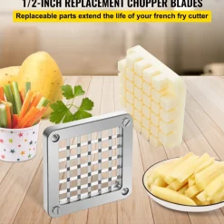 VEVOR Replacement Chopper Blade, 1/2 inch, 3 PCS French Fry Blade Assembly with 6 Extra Knives, Stainless Steel Dicer Parts and Push Block for Cutting Potatoes Carrots Onions Cucumbers Mushrooms