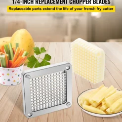 VEVOR Replacement Chopper Blade, 1/4 inch, 3 PCS French Fry Blade Assembly with 6 Extra Knives, Stainless Steel Dicer Parts and Push Block for Cutting Potatoes Carrots Onions Cucumbers Mushrooms