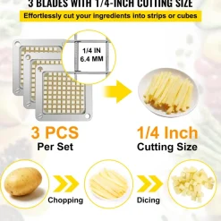 VEVOR Replacement Chopper Blade, 1/4 inch, 3 PCS French Fry Blade Assembly with 6 Extra Knives, Stainless Steel Dicer Parts and Push Block for Cutting Potatoes Carrots Onions Cucumbers Mushrooms
