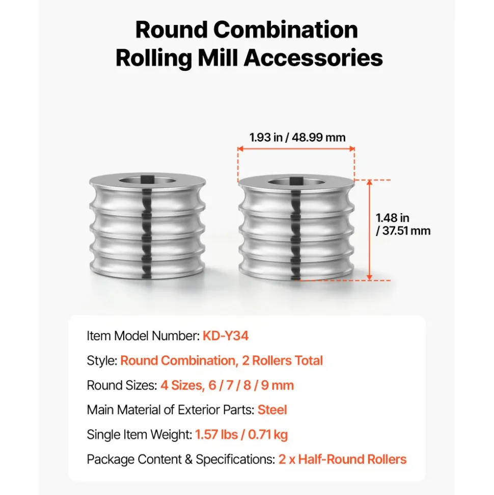 VEVOR Replacement Roller for Rolling Mill 4 Sizes Grooves 2 Round Rollers, Jewelry DIY Tool Accessory Parts, Premium Alloy Steel, Easy Installation, for Pressing Ductile Metals, Gold, Silver, Brass