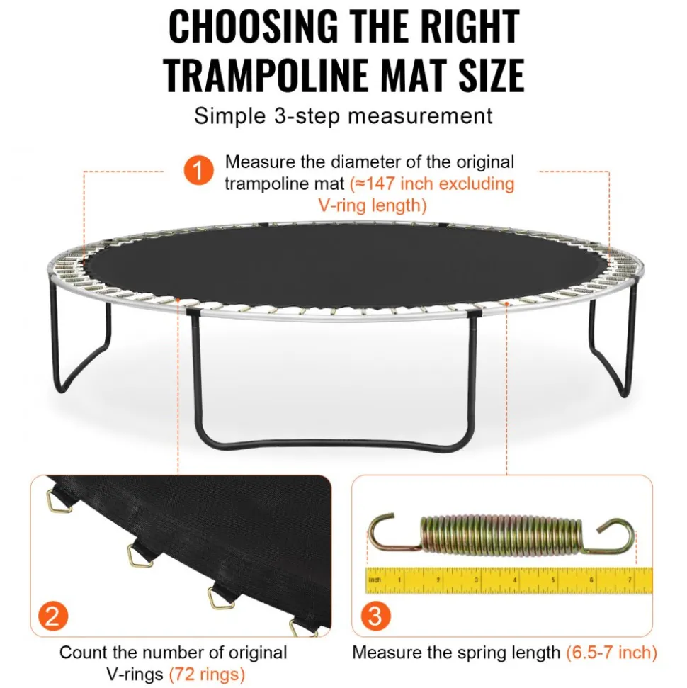 VEVOR Replacement Trampoline Mat, Jumping Mat Fits 14ft Frame, Universal Jumping Mat for 14ft Round Trampoline, Reinforce UV-Resistant Mat with Spring Tool & Durable V-Rings, Fit 6.5"-7" Spring Length