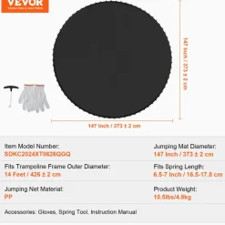 VEVOR Replacement Trampoline Mat, Jumping Mat Fits 14ft Frame, Universal Jumping Mat for 14ft Round Trampoline, Reinforce UV-Resistant Mat with Spring Tool & Durable V-Rings, Fit 6.5"-7" Spring Length