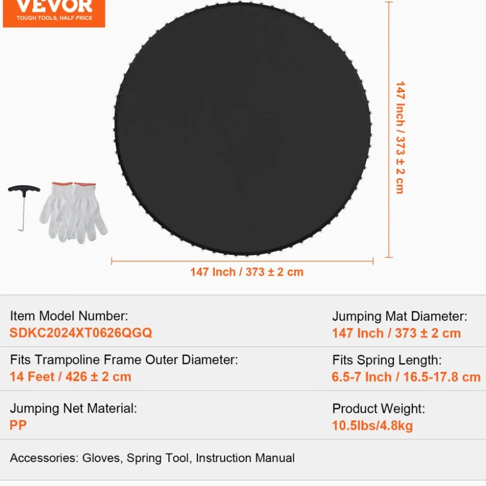 VEVOR Replacement Trampoline Mat, Jumping Mat Fits 14ft Frame, Universal Jumping Mat for 14ft Round Trampoline, Reinforce UV-Resistant Mat with Spring Tool & Durable V-Rings, Fit 6.5"-7" Spring Length
