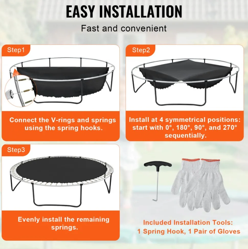 VEVOR Replacement Trampoline Mat, Jumping Mat Fits 14ft Frame, Universal Jumping Mat for 14ft Round Trampoline, Reinforce UV-Resistant Mat with Spring Tool & Durable V-Rings, Fit 6.5"-7" Spring Length