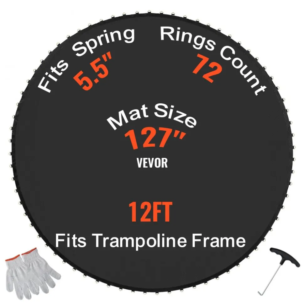 VEVOR Replacement Trampoline Mat, Jumping Mat Fits 12ft Frame, Universal Jumping Mat for 12ft Round Trampoline, Reinforce UV-Resistant Mat with Spring Tool & Durable V-Rings, Fit 5.5" Spring Length