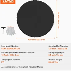 VEVOR Replacement Trampoline Mat, Jumping Mat Fits 12ft Frame, Universal Jumping Mat for 12ft Round Trampoline, Reinforce UV-Resistant Mat with Spring Tool & Durable V-Rings, Fit 5.5