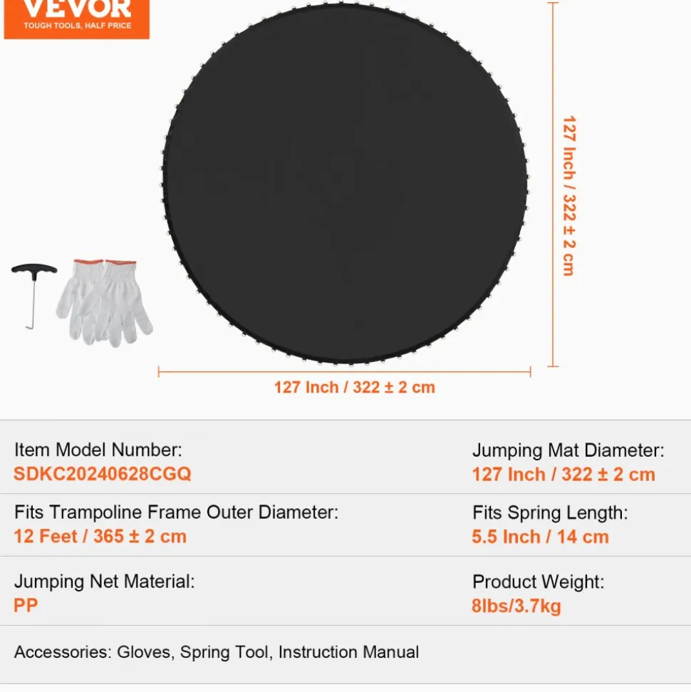 VEVOR Replacement Trampoline Mat, Jumping Mat Fits 12ft Frame, Universal Jumping Mat for 12ft Round Trampoline, Reinforce UV-Resistant Mat with Spring Tool & Durable V-Rings, Fit 5.5" Spring Length