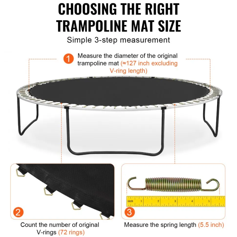 VEVOR Replacement Trampoline Mat, Jumping Mat Fits 12ft Frame, Universal Jumping Mat for 12ft Round Trampoline, Reinforce UV-Resistant Mat with Spring Tool & Durable V-Rings, Fit 5.5" Spring Length