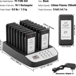 VEVOR Restaurant Pager System, Wireless 500m Long Range Lineup Waiting Queue Signal, Guest Customer Calling Beepers with Vibration & Flashing, 16 Buzzers for Food Truck, Church, Nursery, Hospital