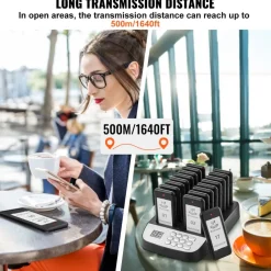 VEVOR Restaurant Pager System, Wireless 500m Long Range Lineup Waiting Queue Signal, Guest Customer Calling Beepers with Vibration & Flashing, 16 Buzzers for Food Truck, Church, Nursery, Hospital