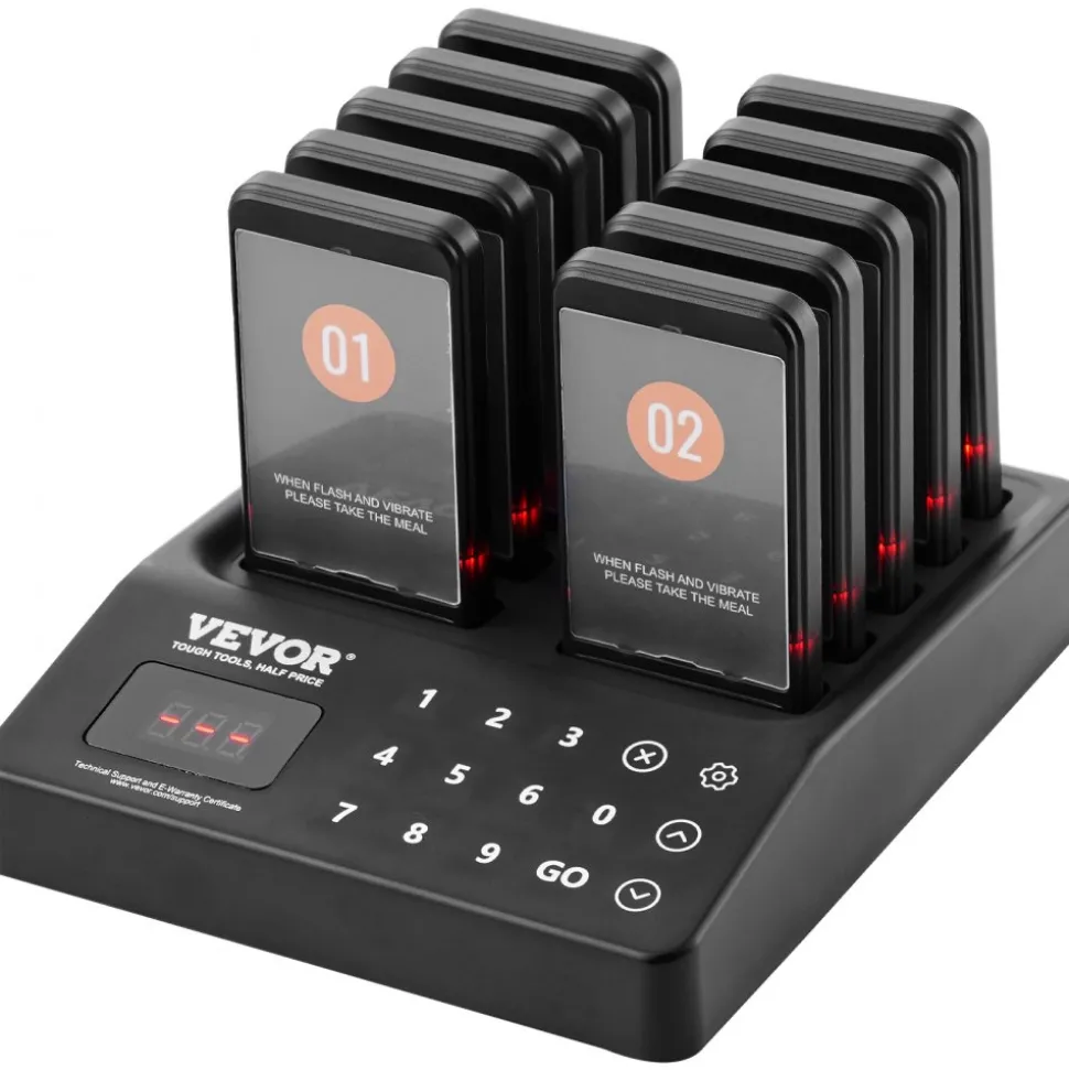 VEVOR Restaurant Pager System, Wireless 400m Long Range Lineup Waiting Queue Signal, Guest Customer Calling Beepers with Vibration & Flashing, 10 Buzzers for Food Truck, Church, Nursery, Hospital