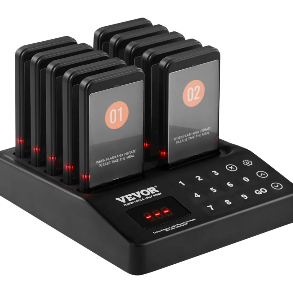 VEVOR Restaurant Pager System, Wireless 400m Long Range Lineup Waiting Queue Signal, Guest Customer Calling Beepers with Vibration & Flashing, 10 Buzzers for Food Truck, Church, Nursery, Hospital