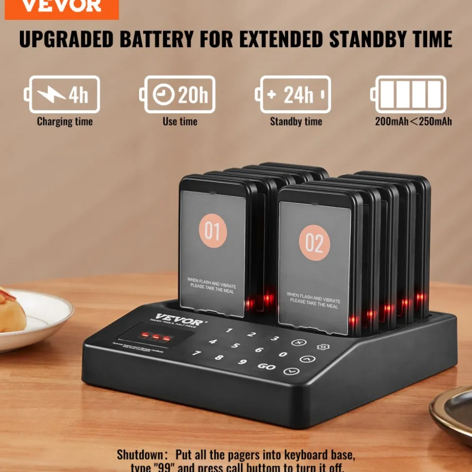 VEVOR Restaurant Pager System, Wireless 400m Long Range Lineup Waiting Queue Signal, Guest Customer Calling Beepers with Vibration & Flashing, 10 Buzzers for Food Truck, Church, Nursery, Hospital