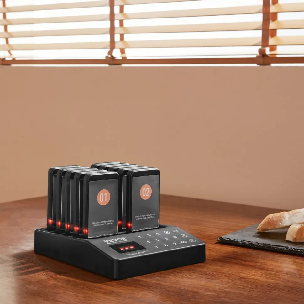 VEVOR Restaurant Pager System, Wireless 400m Long Range Lineup Waiting Queue Signal, Guest Customer Calling Beepers with Vibration & Flashing, 10 Buzzers for Food Truck, Church, Nursery, Hospital