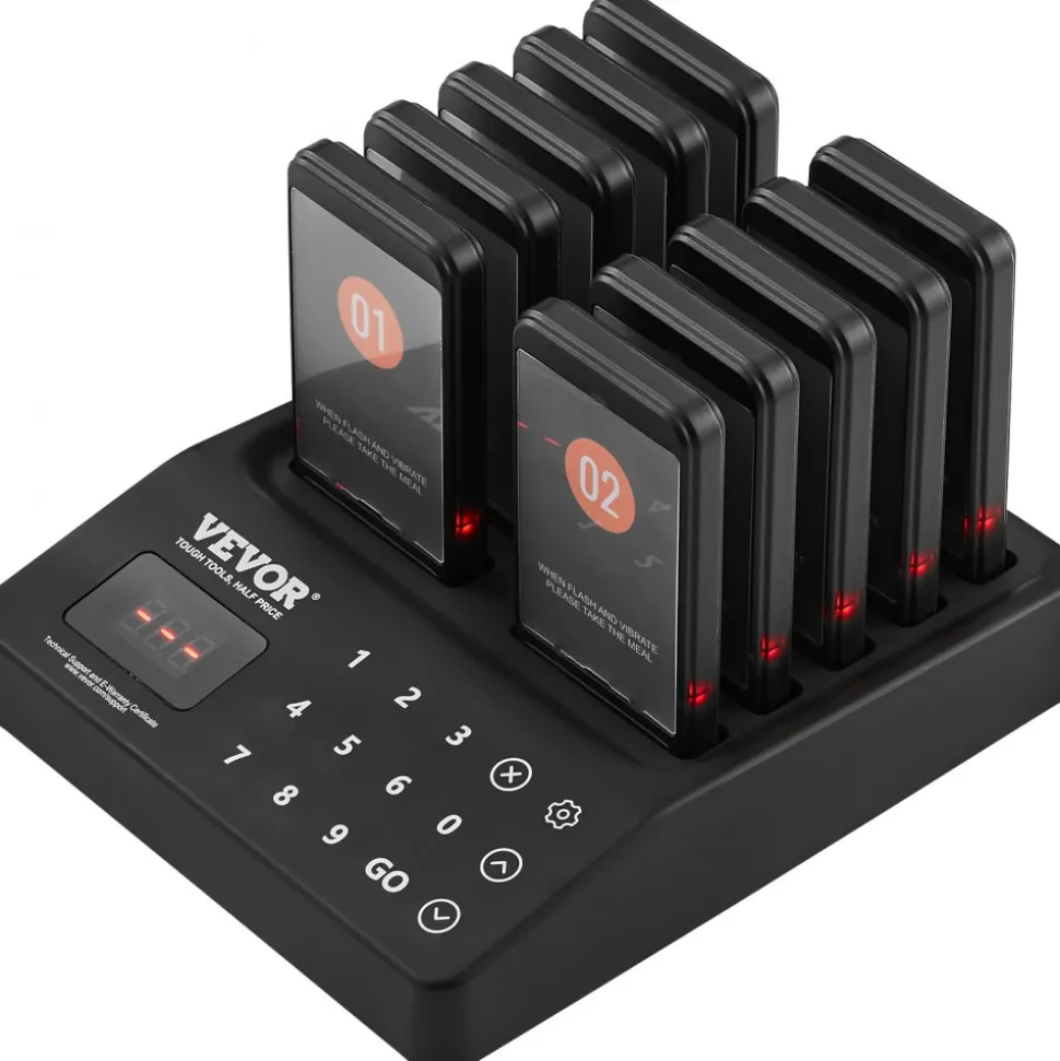 VEVOR Restaurant Pager System, Wireless 400m Long Range Lineup Waiting Queue Signal, Guest Customer Calling Beepers with Vibration & Flashing, 10 Buzzers for Food Truck, Church, Nursery, Hospital