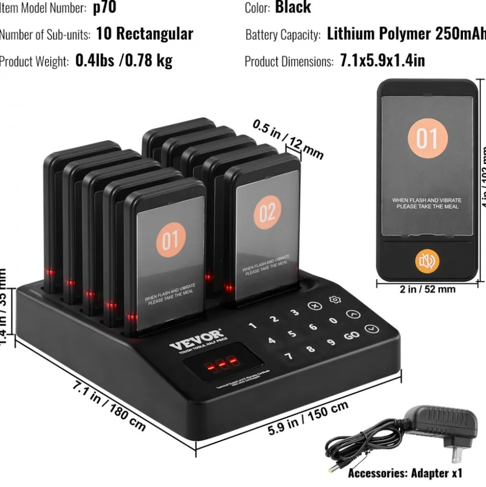 VEVOR Restaurant Pager System, Wireless 400m Long Range Lineup Waiting Queue Signal, Guest Customer Calling Beepers with Vibration & Flashing, 10 Buzzers for Food Truck, Church, Nursery, Hospital