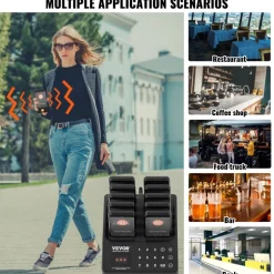 VEVOR Restaurant Pager System, Wireless 400m Long Range Lineup Waiting Queue Signal, Guest Customer Calling Beepers with Vibration & Flashing, 10 Buzzers for Food Truck, Church, Nursery, Hospital