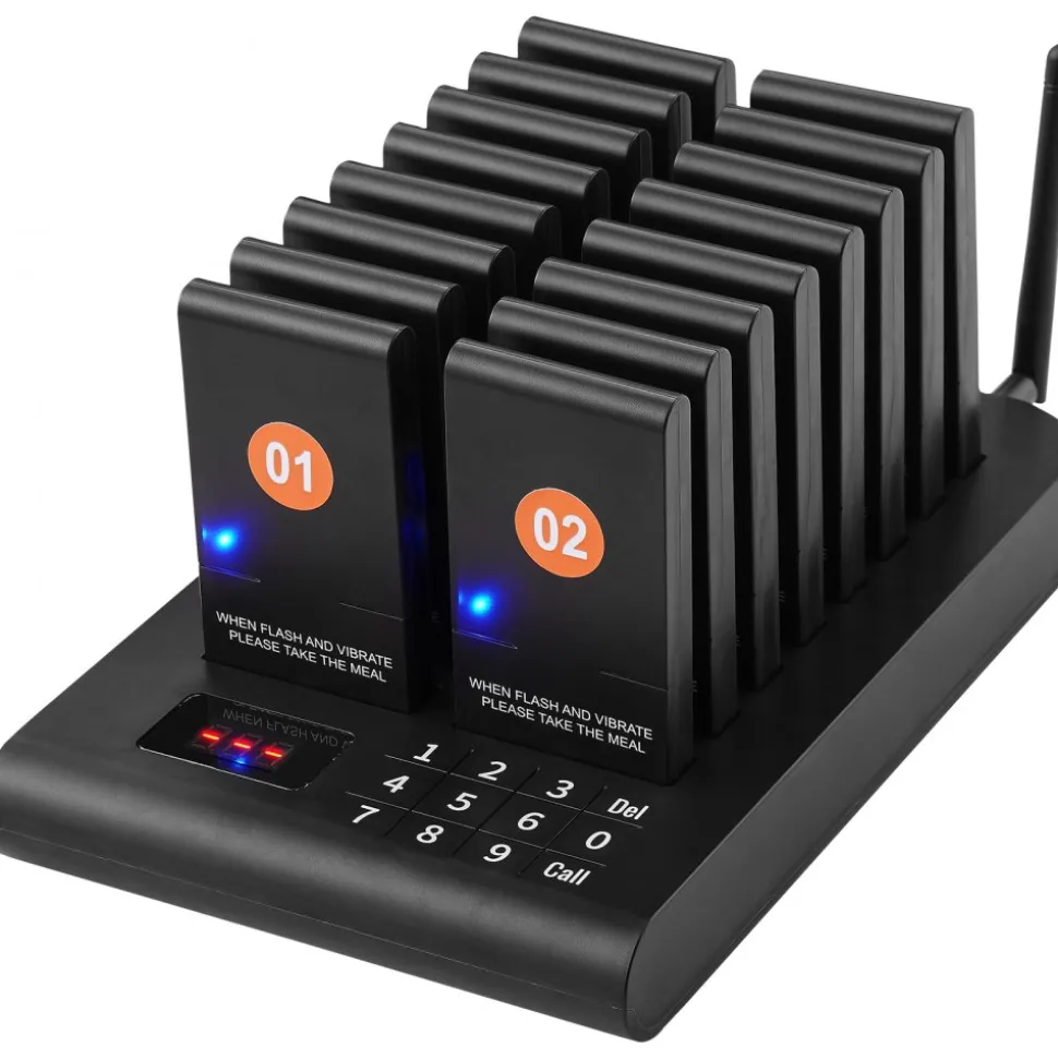 VEVOR Restaurant Pager System, Wireless 500m Long Range Lineup Waiting Queue Signal, Guest Customer Calling Beepers with Vibration & Flashing, 16 Buzzers for Food Truck, Church, Nursery, Hospital
