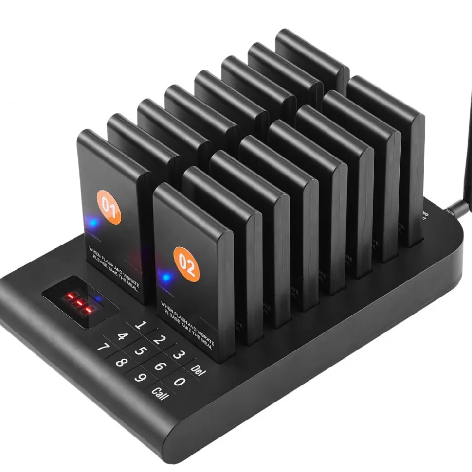 VEVOR Restaurant Pager System, Wireless 500m Long Range Lineup Waiting Queue Signal, Guest Customer Calling Beepers with Vibration & Flashing, 16 Buzzers for Food Truck, Church, Nursery, Hospital