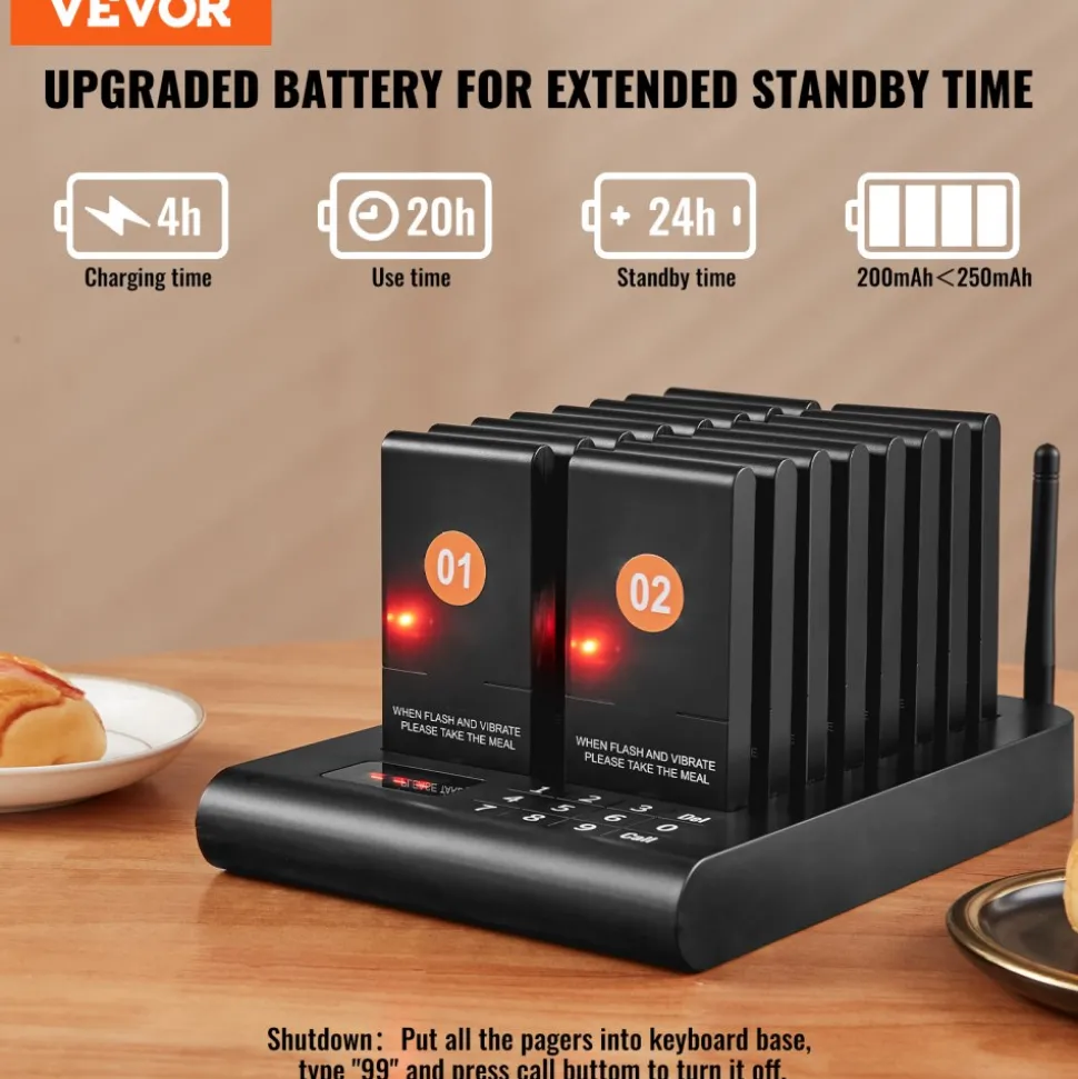 VEVOR Restaurant Pager System, Wireless 500m Long Range Lineup Waiting Queue Signal, Guest Customer Calling Beepers with Vibration & Flashing, 16 Buzzers for Food Truck, Church, Nursery, Hospital