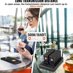 VEVOR Restaurant Pager System, Wireless 500m Long Range Lineup Waiting Queue Signal, Guest Customer Calling Beepers with Vibration & Flashing, 16 Buzzers for Food Truck, Church, Nursery, Hospital