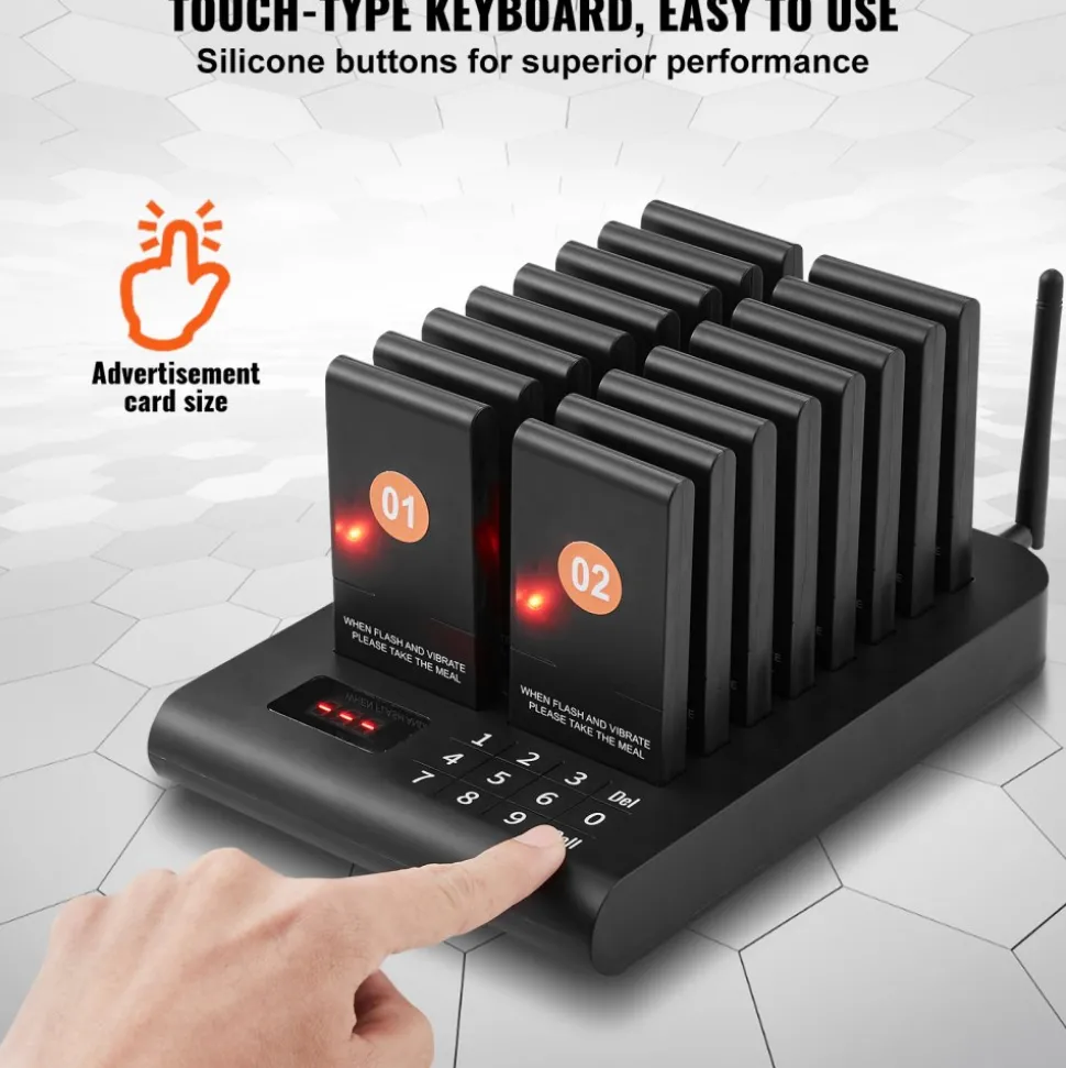 VEVOR Restaurant Pager System, Wireless 500m Long Range Lineup Waiting Queue Signal, Guest Customer Calling Beepers with Vibration & Flashing, 16 Buzzers for Food Truck, Church, Nursery, Hospital