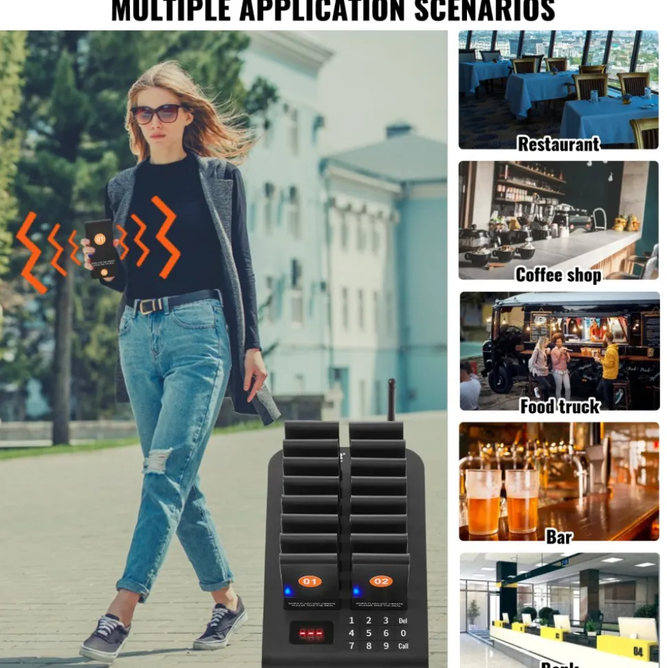 VEVOR Restaurant Pager System, Wireless 500m Long Range Lineup Waiting Queue Signal, Guest Customer Calling Beepers with Vibration & Flashing, 16 Buzzers for Food Truck, Church, Nursery, Hospital