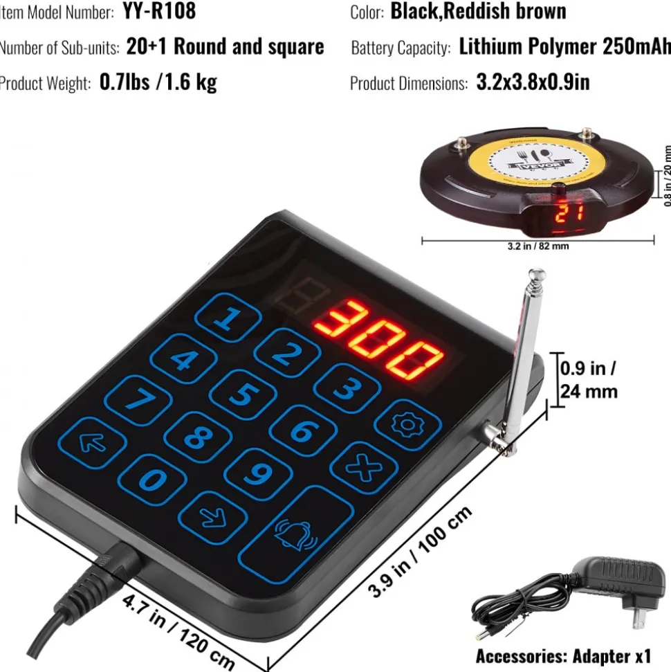 VEVOR Restaurant Pager System, Wireless 500m Long Range Lineup Waiting Queue Signal, Guest Customer Calling Beepers with Vibration & Flashing, 20 Buzzers for Food Truck, Church, Nursery, Hospital