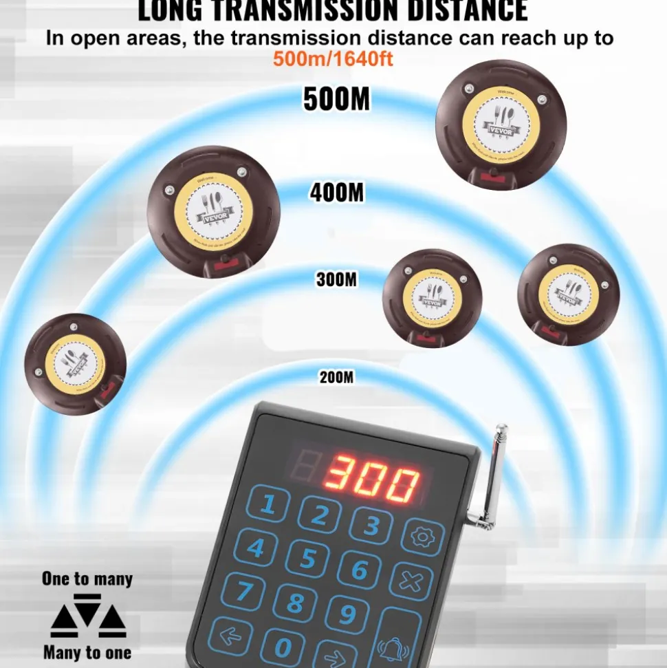 VEVOR Restaurant Pager System, Wireless 500m Long Range Lineup Waiting Queue Signal, Guest Customer Calling Beepers with Vibration & Flashing, 20 Buzzers for Food Truck, Church, Nursery, Hospital