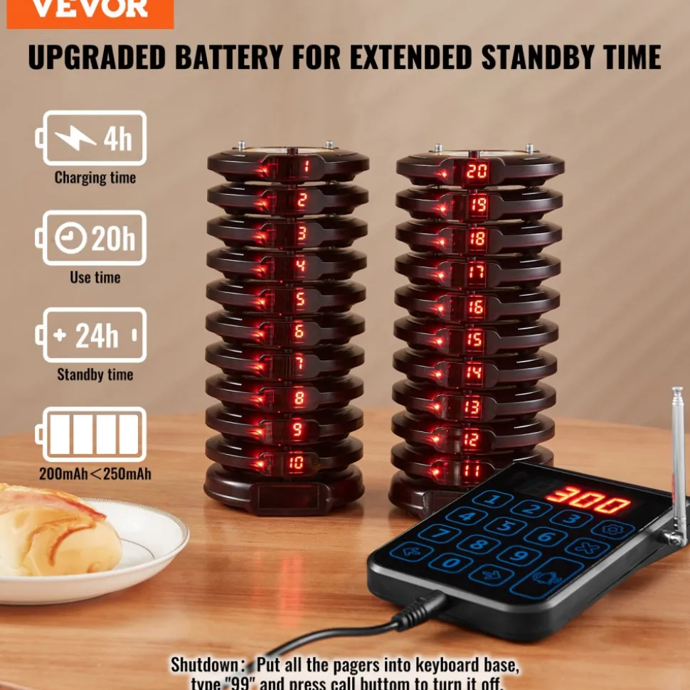 VEVOR Restaurant Pager System, Wireless 500m Long Range Lineup Waiting Queue Signal, Guest Customer Calling Beepers with Vibration & Flashing, 20 Buzzers for Food Truck, Church, Nursery, Hospital