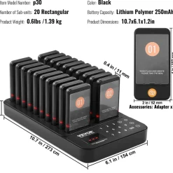 VEVOR Restaurant Pager System, Wireless 400m Long Range Lineup Waiting Queue Signal, Guest Customer Calling Beepers with Vibration & Flashing, 20 Buzzers for Food Truck, Church, Nursery, Hospital