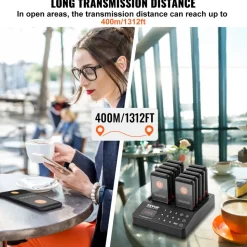 VEVOR Restaurant Pager System, Wireless 400m Long Range Lineup Waiting Queue Signal, Guest Customer Calling Beepers with Vibration & Flashing, 20 Buzzers for Food Truck, Church, Nursery, Hospital