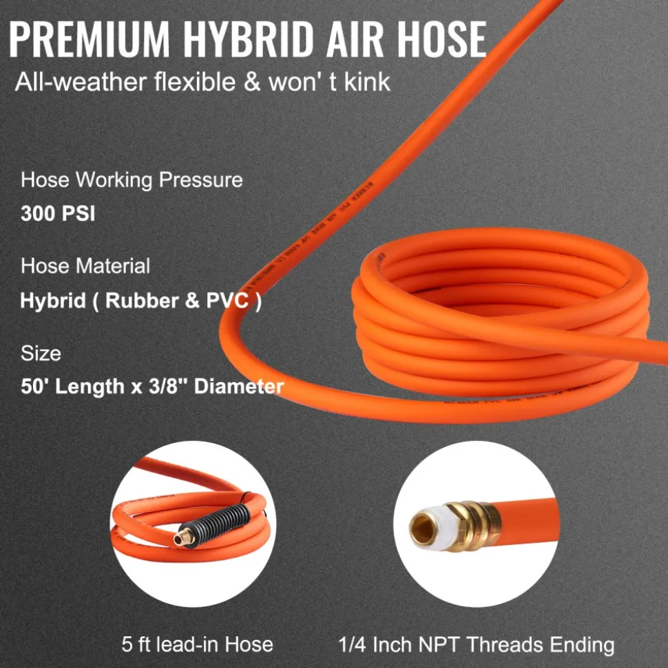 VEVOR Retractable Air Hose Reel, 3/8 IN x 50 FT Hybrid Air Hose Max 300PSI, Air Compressor Hose Reel with 5 In Lead in, Ceiling / Wall Mount Enclosed Air Reel, 180° Swivel Mount